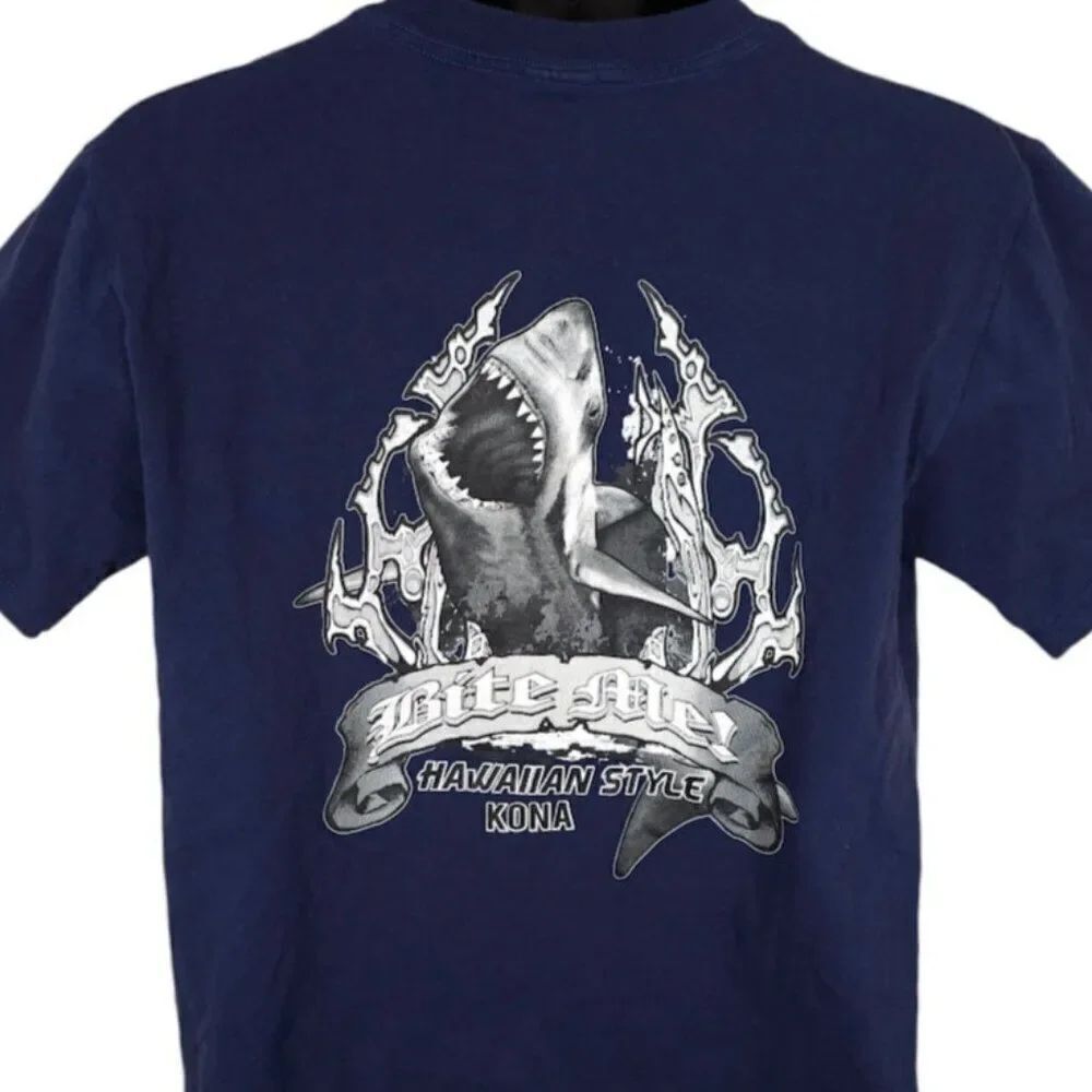 Great White Shark T Shirt Mens Size Medium Blue Bite Me Hawaiian Style Kona USA